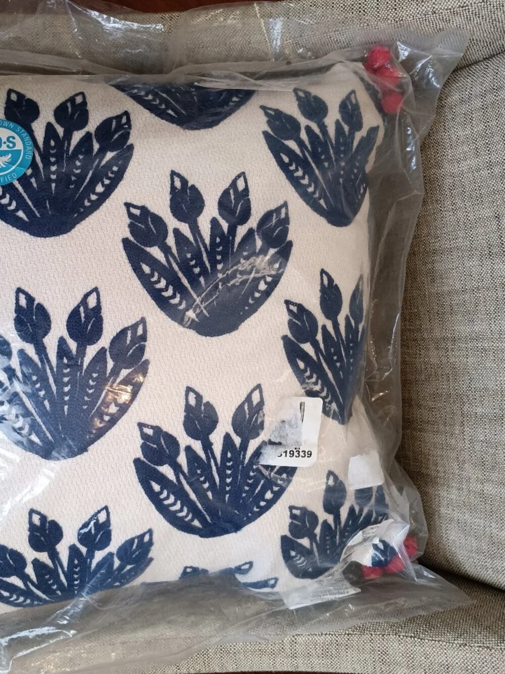 NWT Levtex Home Navy & Cream w/ Red PomPom Accent Pillow 18